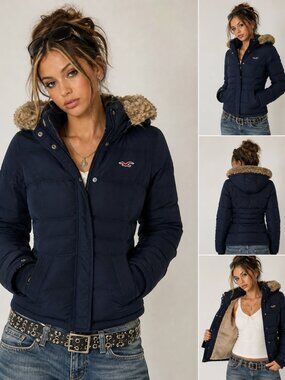 Y2K Hollister Faux Fur Hooded Puffer Coat XS Navy Sherpa Lined Down Bella Swan